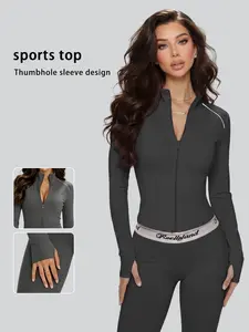 Women's Zipper Short Fitness Jacket, Long Sleeve Thumb Hole Sports Top, High Neck Slim Fit Running Yoga Coat, Gym Workout Casual Wear
