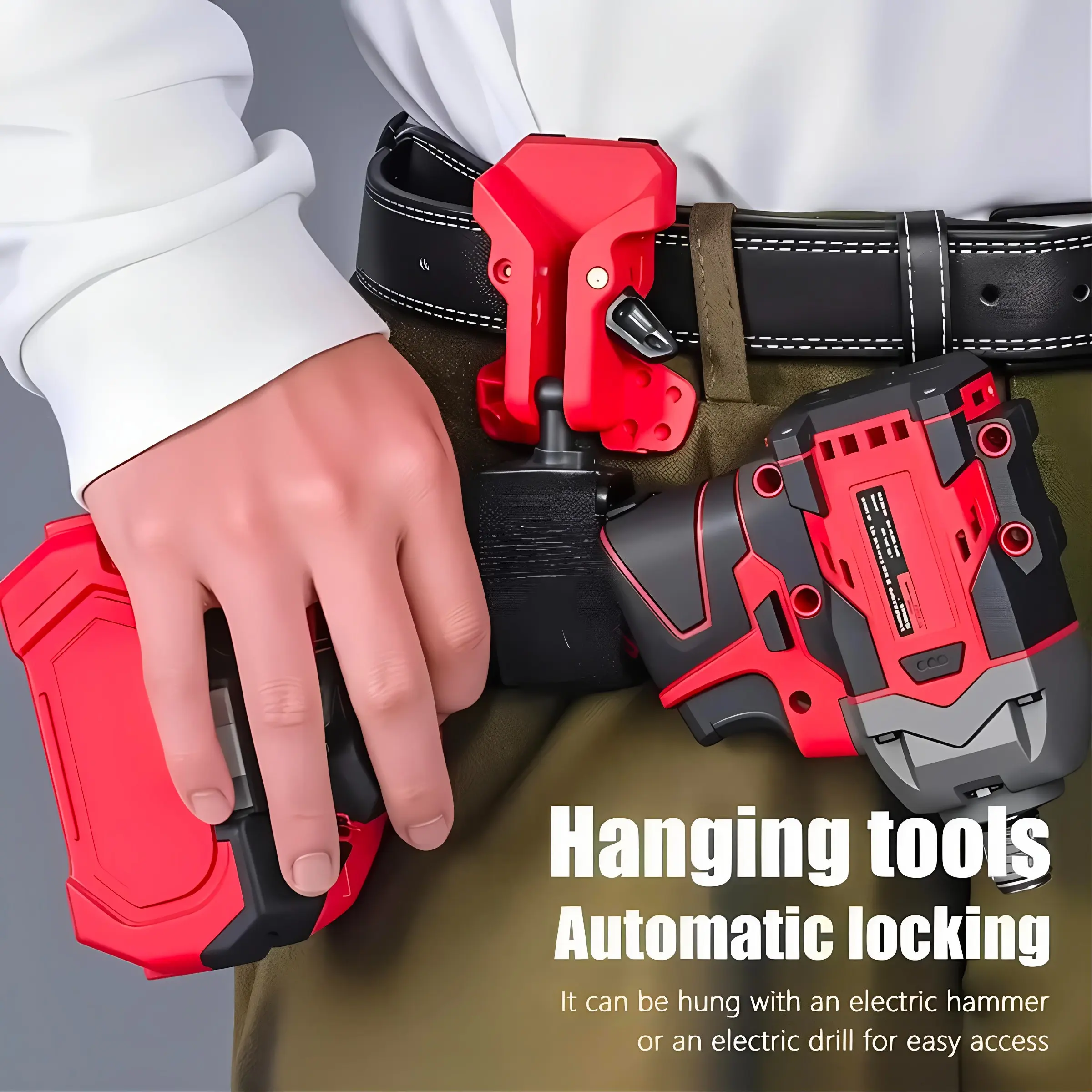 Automatic Lock Tool Belt Clip, Drill Holster Holder with 150cm Adjustable Waist Strap, Anti-Slip Power Tool Hanger for Electric Drill Impact Wrench, Quick Release Tool Hook for Construction Workers, Tool Organizer Accessories, Red Orange 2 Colors Optional