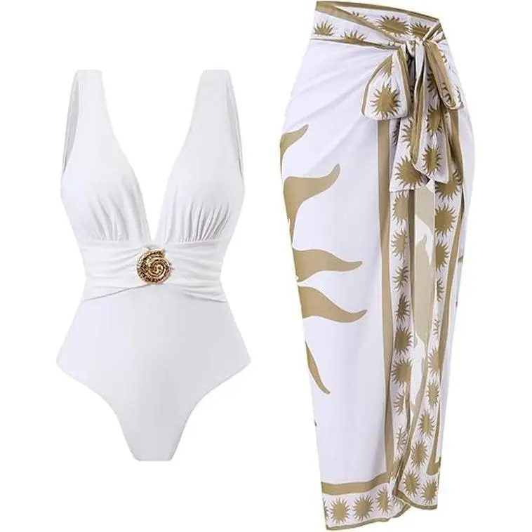 Women's Floral Print Plunge V-Neck 1-Piece Swimsuit, Wrap Skirt Sarong Coverup for Beach Party, One Piece