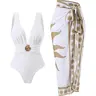 Women's Floral Print Plunge V-Neck 1-Piece Swimsuit, Wrap Skirt Sarong Coverup for Beach Party, One Piece