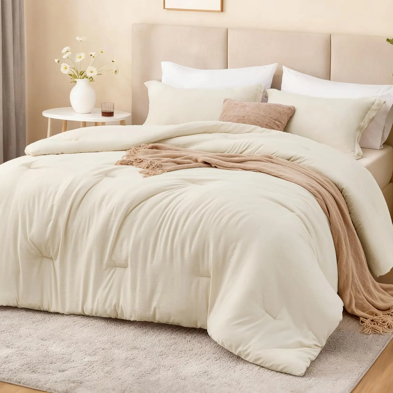 Beige Twin/Twin XL Comforter Set, 2-Piece Prewashed Bed Set with 1 Comforter (66 x 90 in) & 1 Pillowcase, Lightweight & Breathable for All