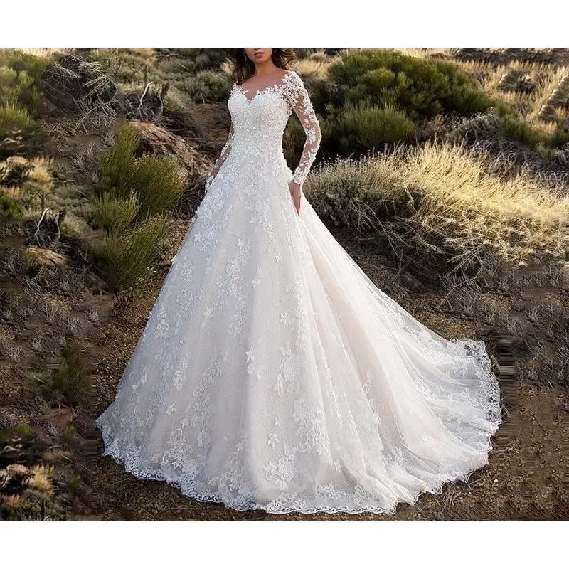 Long Sleeve Sheer Lace Bridal Wedding Dress for Women