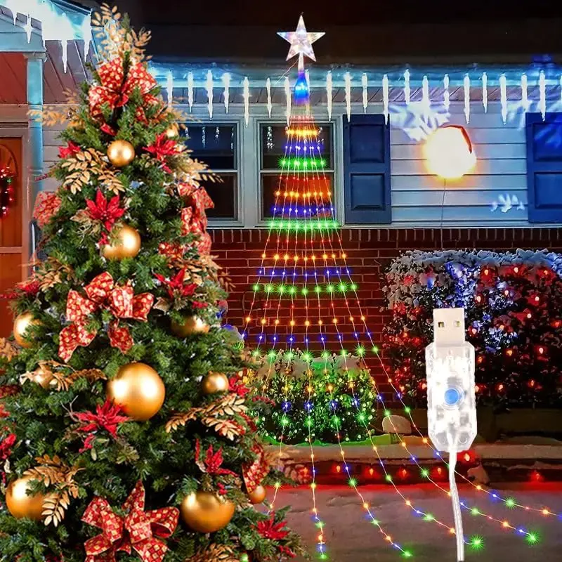 Outdoor Christmas Lights Waterfall String Light Set with Remote Control, 9.8 Feet 282 Leds, Waterproof, 8 Modes, Warm /cold Color