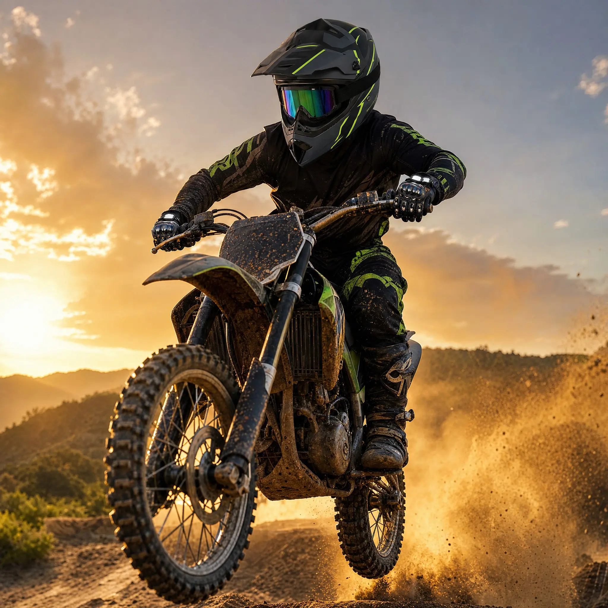 Matte Black Motocross Helmet with Vented ABS Shell and Neon Stripe, 4-Piece Kit for Unisex Adults with Iridescent Goggles & Adjustable Padding, Motocross Protective Gear