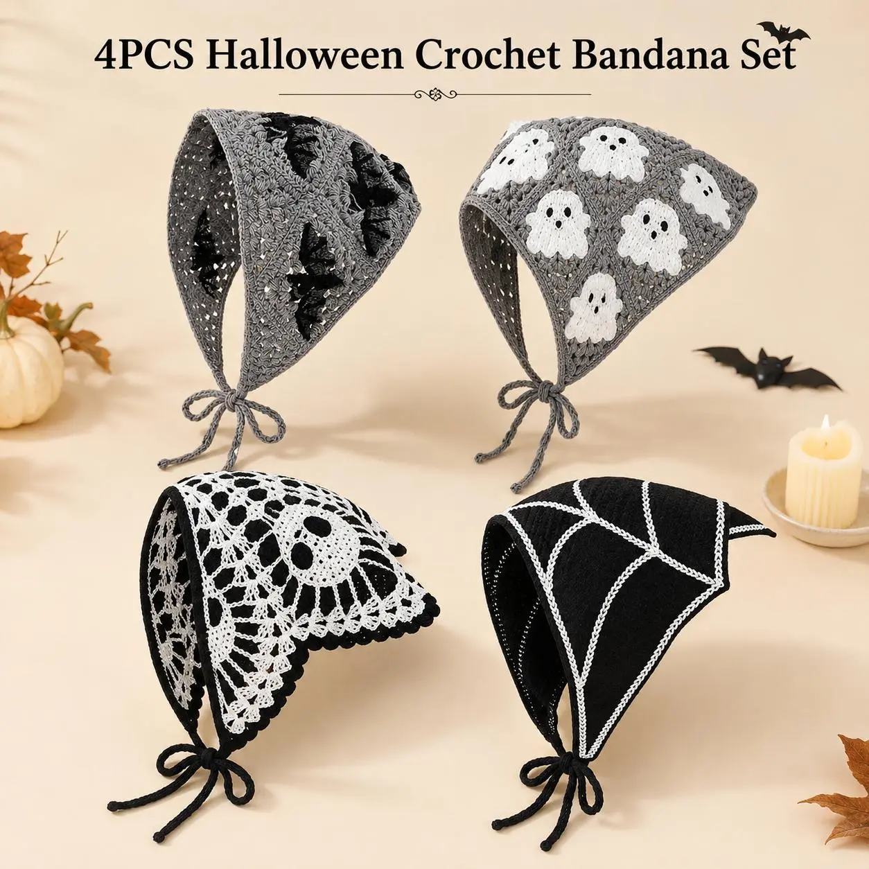 Women’s Halloween Crochet Triangle Head Scarf, Boho Knit Bandana with Ghost, Bat & Spider Web Pattern, Tie-Back Hair Cover for Costume Parties, Festivals & Spooky Fall Outfits