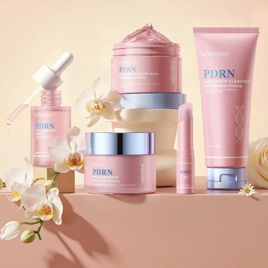 PDRN Pink Collagen Skincare Set, Self Care Kit, Soft Skin Set, hyaluronic acid, centella asiatica, includes facial cleanser, essence, mask, cream, moisturizing and brightening, reduces fine lines, smoothes skin, suitable for all skin types, Anti Aging Set