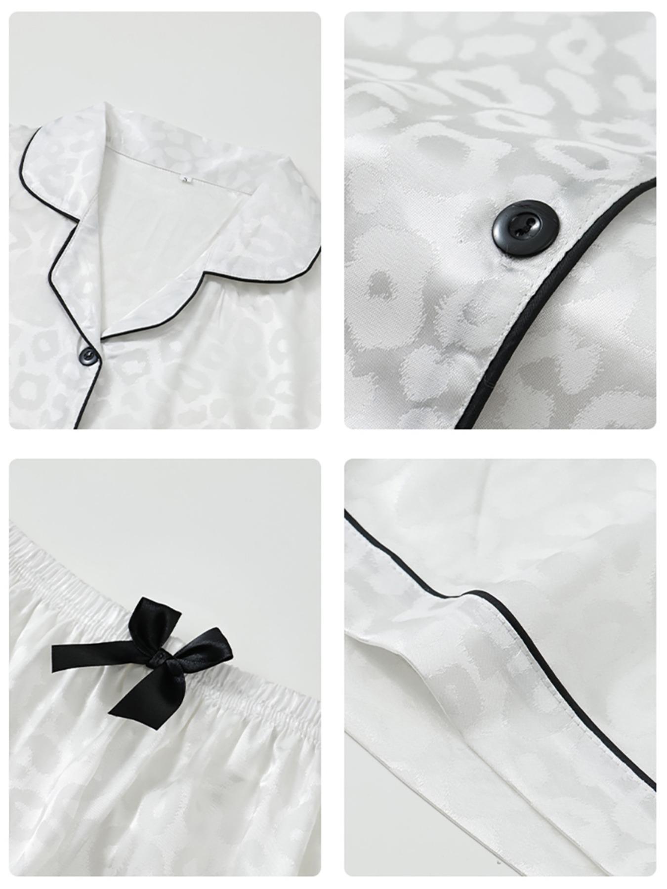 Women's Leopard Print Contrast Trim Lapel Neck Pajama Two-Piece Set, Comfort Loungewear PJ Set, Short Sleeve Button Up Top & Shorts PJ Set, Casual Sleepwear Set for Women