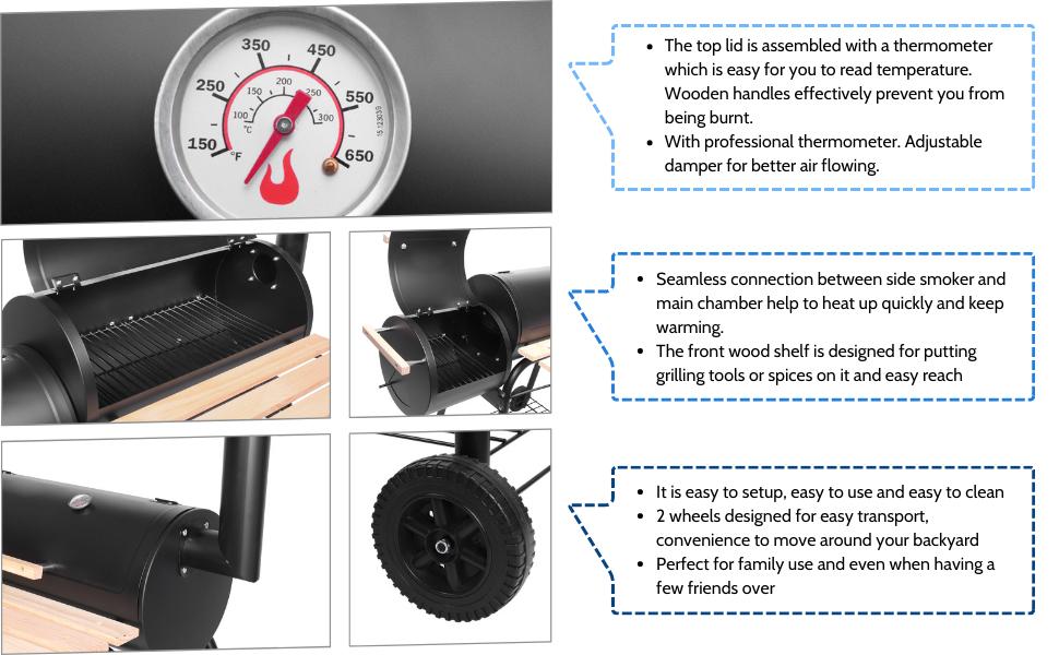 Rovsun BBQ Charcoal Grill, Outdoor Patio Barbecue Cooker with Offset Smoker, Wheels and Tray for Balcony Picnics, Party and Camping