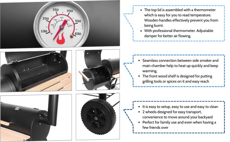 Rovsun BBQ Charcoal Grill, Outdoor Patio Barbecue Cooker with Offset Smoker, Wheels and Tray for Balcony Picnics, Party and Camping