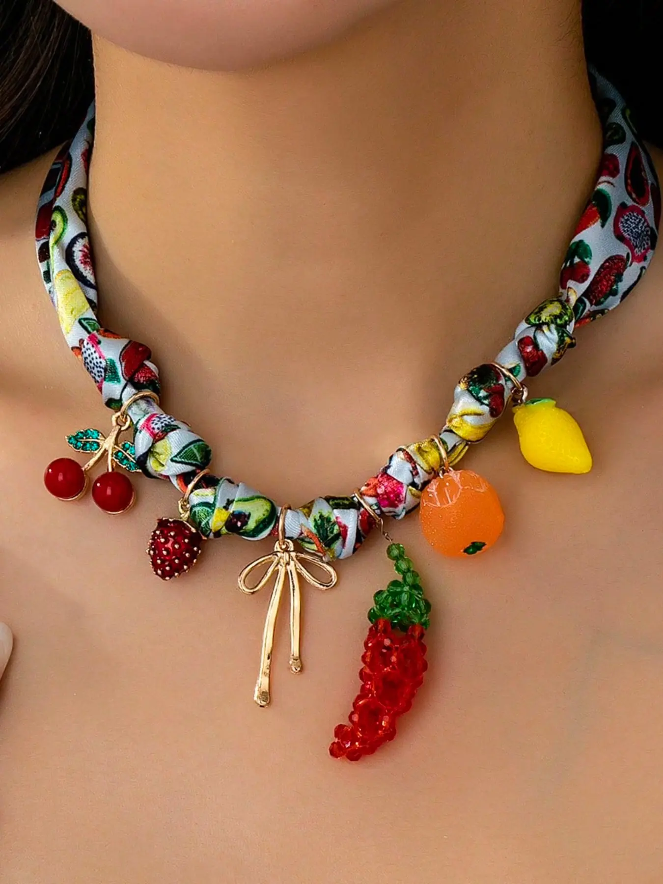 Boho Tropical Fruit Pendant Necklace, Summer Boho Scarf Necklace with Lemon Chili Cherry Pendants, Casual Women's Jewelry Accessory
