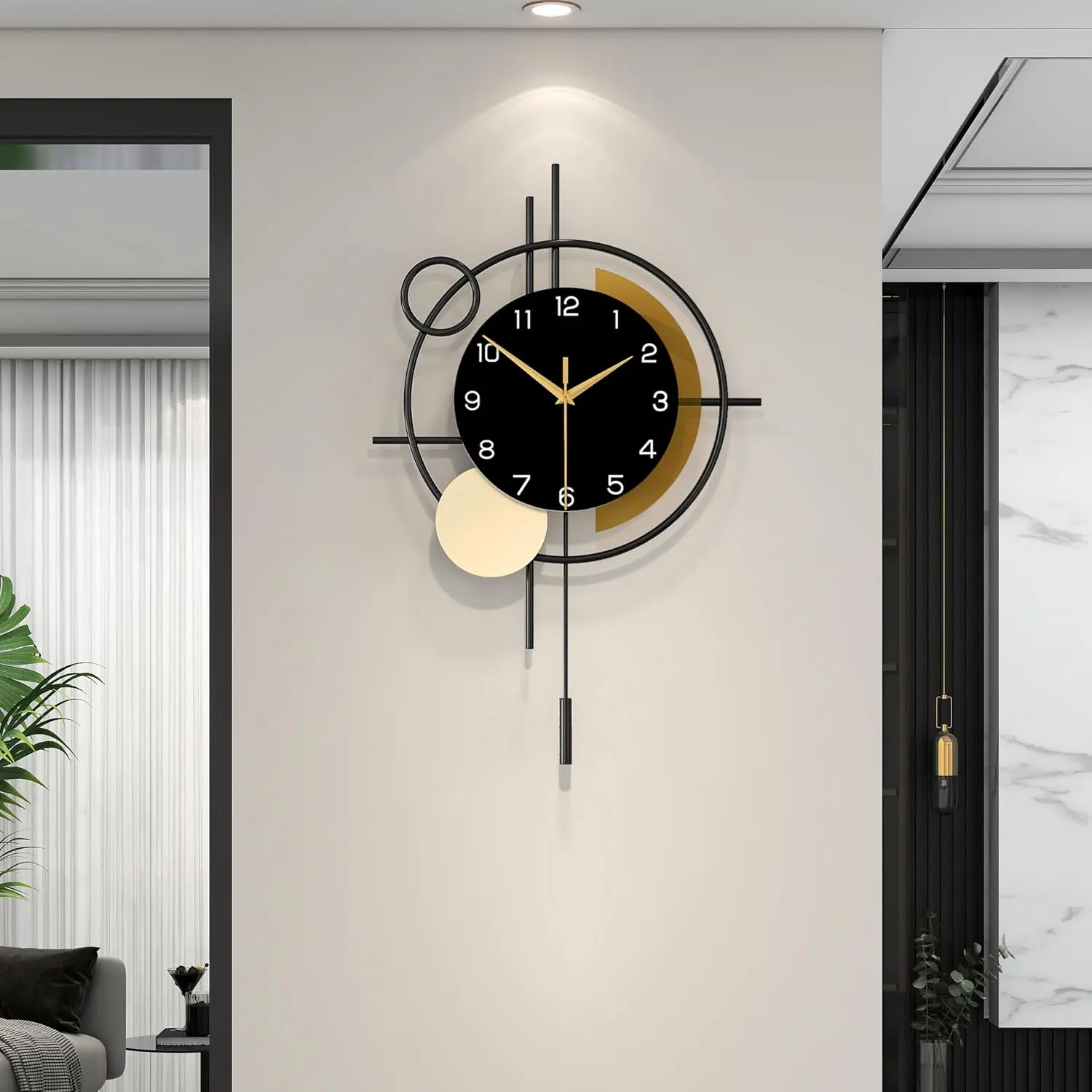 Wall Clock for Living Room Decor Decorative Wall Clock with Pendulum Silent Quartz  Operated Black Metal Large Clock for Dining Room,Kitchen,,Bathroom,Bedroom,13.8x21.3 in