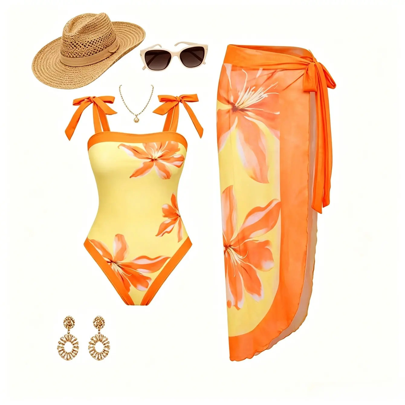 Women's 2 Piece Swimsuit Set,Floral Print Bow Strap One Piece With Matching Wrap Sarong Set,Tropical Vacation Pool Beach Bathing Suit Outfit
