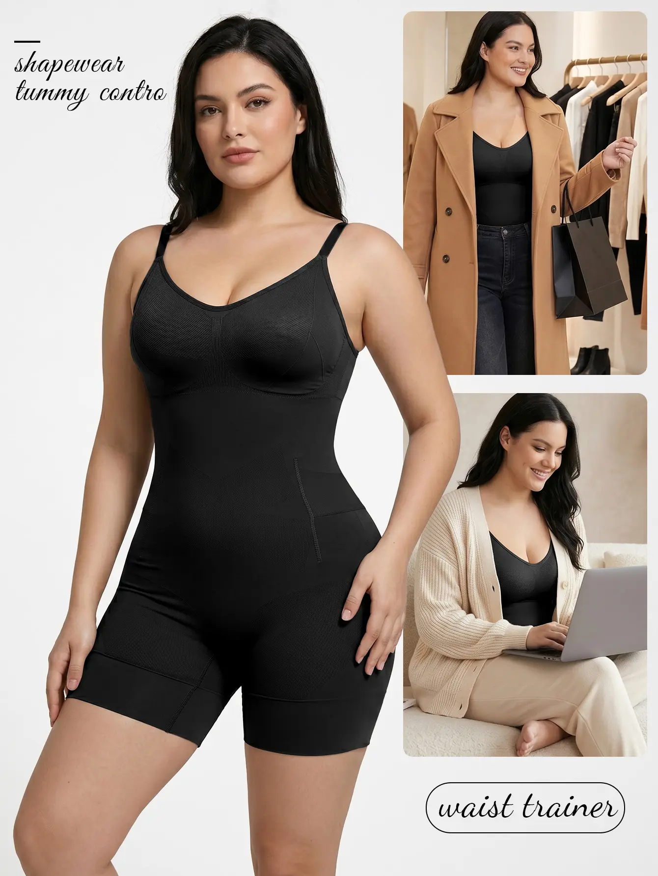 Lady's Comfortable Nylon Blend Compression Bodycon Bodysuit - Faja Body Shaper with Tummy Control, Mid-Thigh Fit, Pull-On U-Back, Wirefree Design for Fitness, All-Season Sportswear Lifted Look,outdoorfun