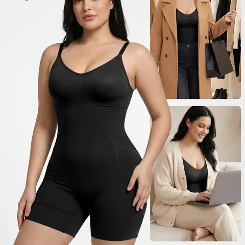 Women's Nylon Blend Compression Slim Bodycon Fitted Bodysuit - Tummy Control Mid-Thigh Shapewear Underwear, Pull-On U-Back Wirefree All Season Sportswear for Lifted Look, Workout