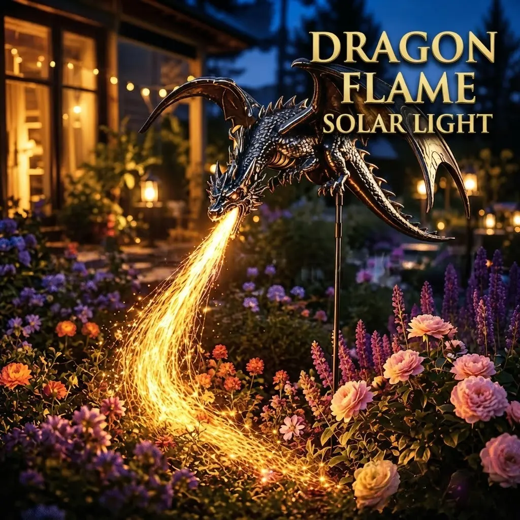 Solar Dragon Garden Stake Light, Dragon Flame Solar Light, Solar Powered Metal Dragon Silhouette Landscape Lamp, Warm LED String Light Spitting Fire Design, Waterproof Outdoor Decorative Light for Yard Lawn Patio Flower Bed Decor