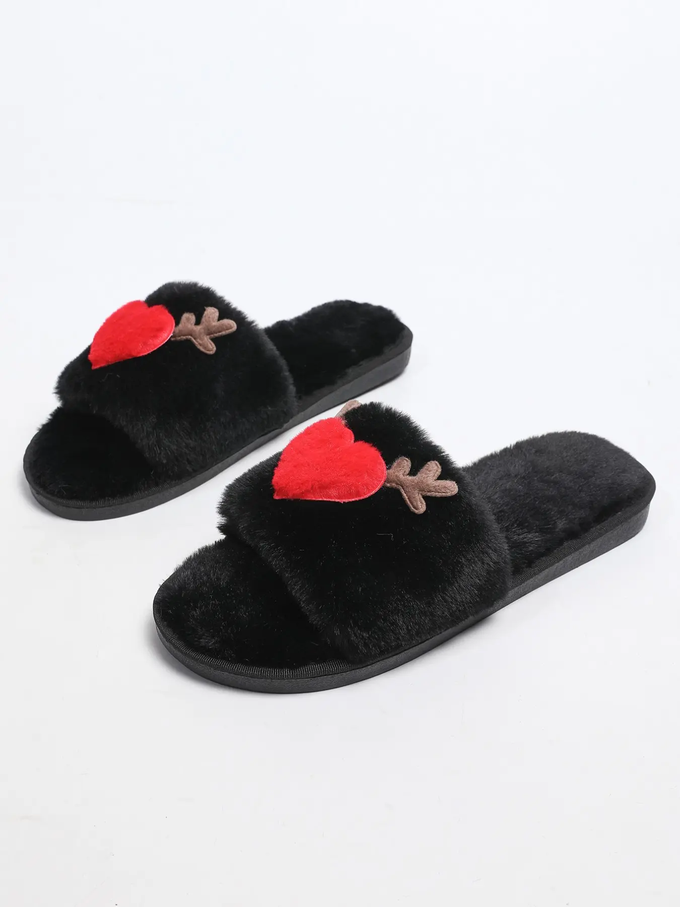 Women's Heart Deer Antler Plush Slip-On Shoes, Open-Toe Warm Flat Slippers, Home & Outdoor Non-Slip Casual Cotton Footwear
