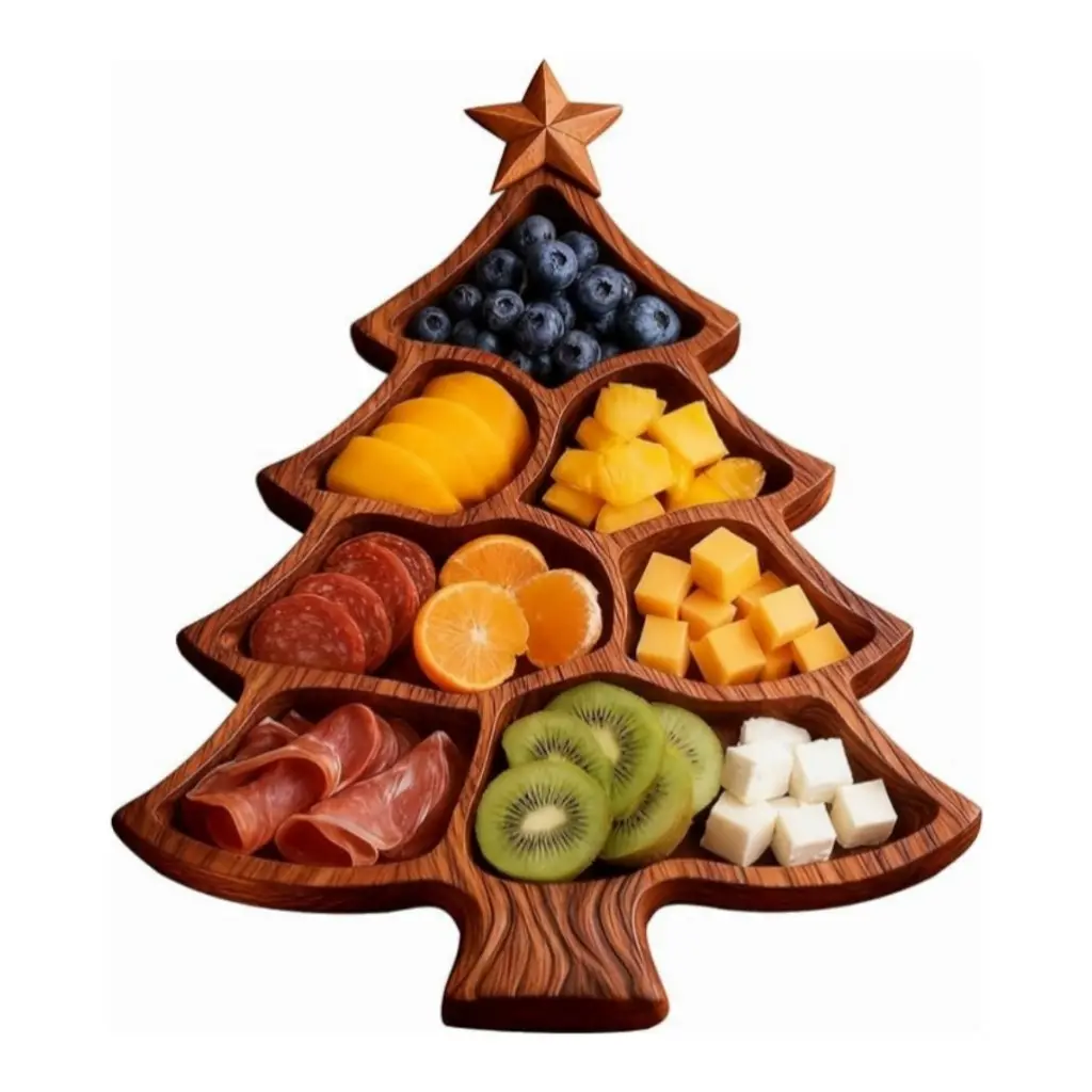 Christmas Segmented Tray, Wooden Serving Tray, Christmas Tree Decoration, Perfect for Parties, Snacks, Desserts, Kitchen, Living Room, Office, Restaurant