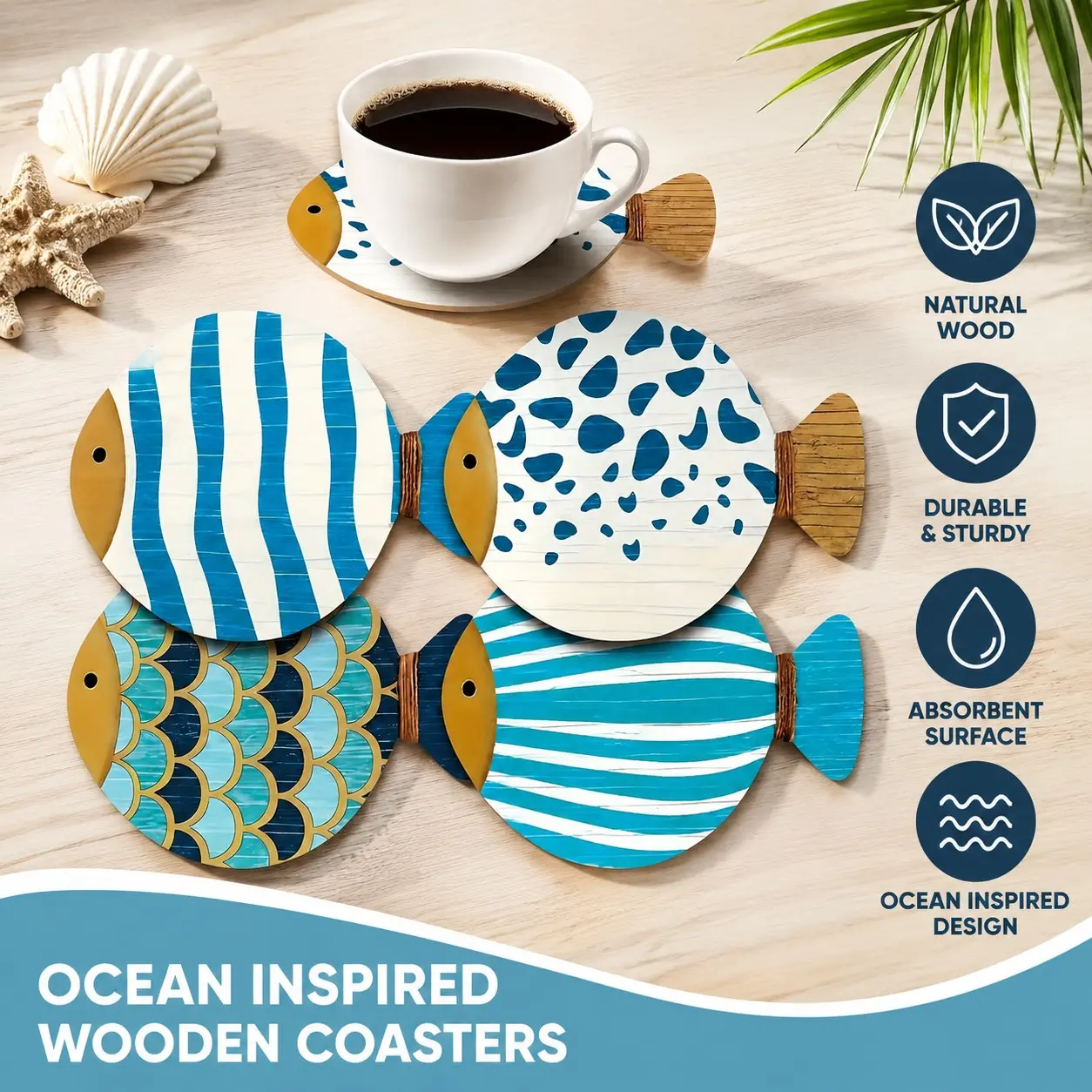 4pcs Fish-shaped Illustration Coasters, Coffee Coaster, Coasters For Drinks, Wooden Coaster, Tea Cup Mat, Heat Insulation Coaster, Essential for Holiday Family Gatherings, Suitable for Bars, Companies, Homes, Various Places Use 3.93in*4.88in