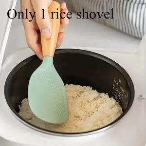 Single silicone rice spatula with solid wood handle, non-stick bump surface for easy rice scooping, multiple color options for household kitchen use.