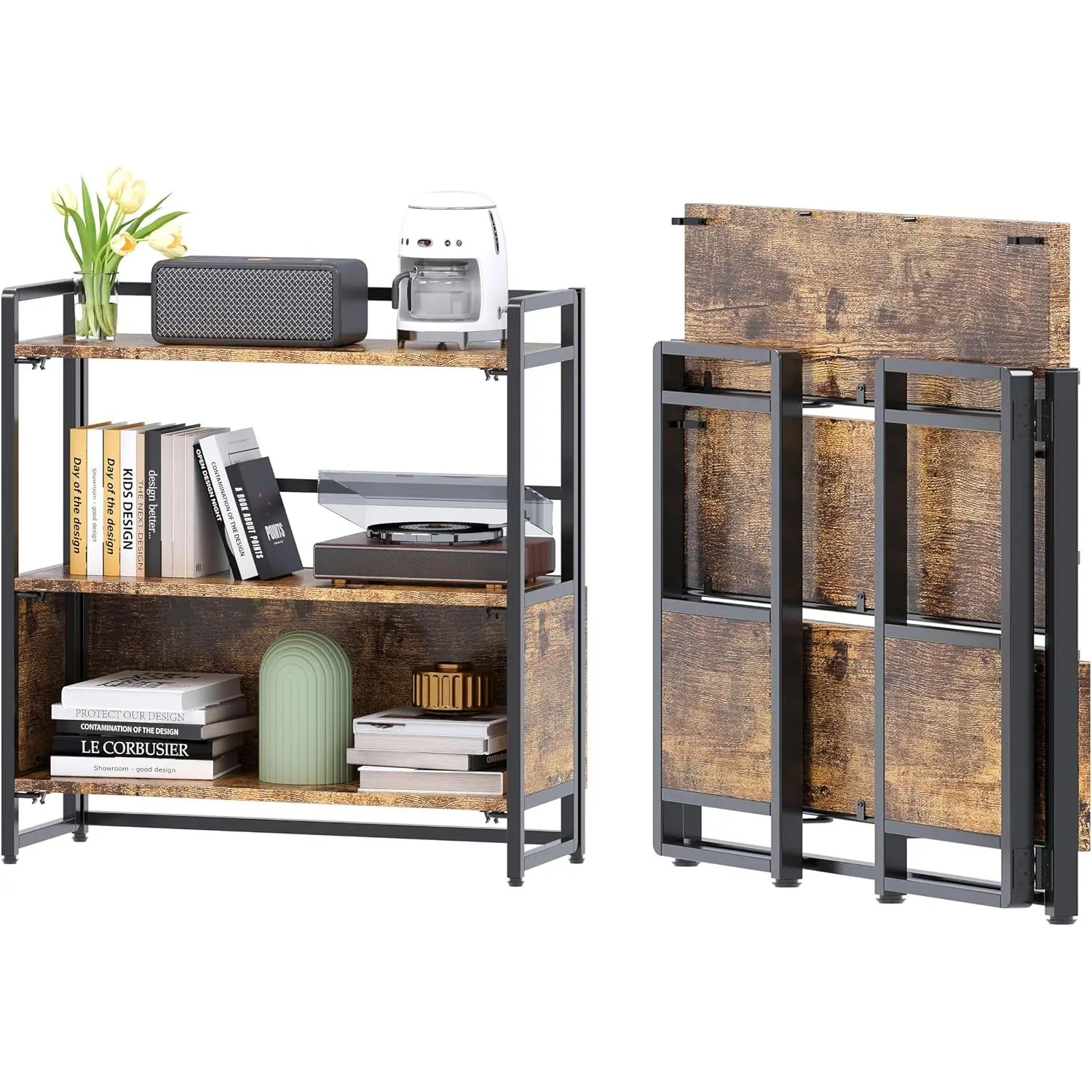 Folding Bookshelf 3 Tiers No Assembly   Storage,Rustic Brown | 32.68''H x 30.79''W   Collapsible Portable Foldable Shelves,Bookcase Organizer for Living Room, Bedroom, Dorm