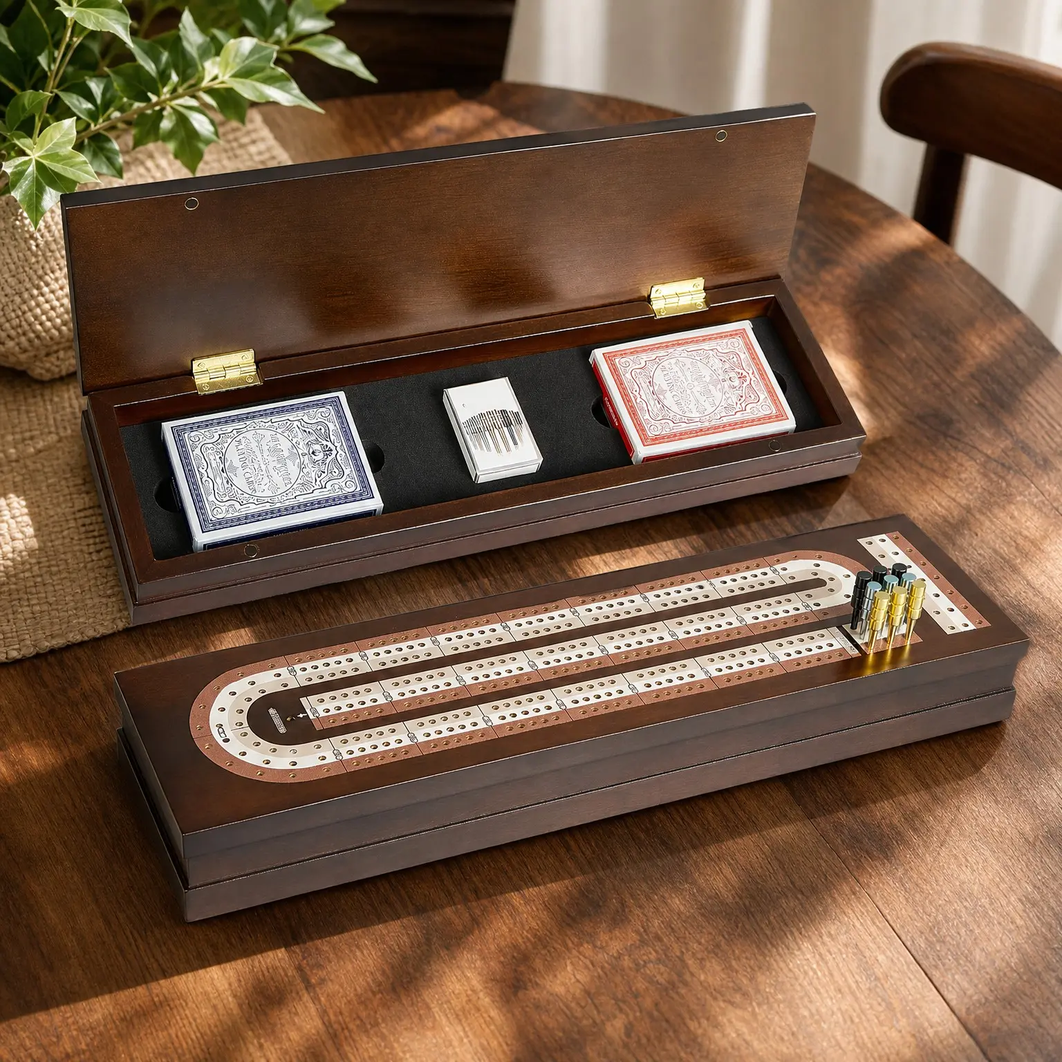 Wooden Cribbage Board Game Set with Magnetic Lock, Metal Pegs, 2 Playing Cards, Continuous 3-Track Board, Larger Storage Area – Travel Portable Family Cribbage Game