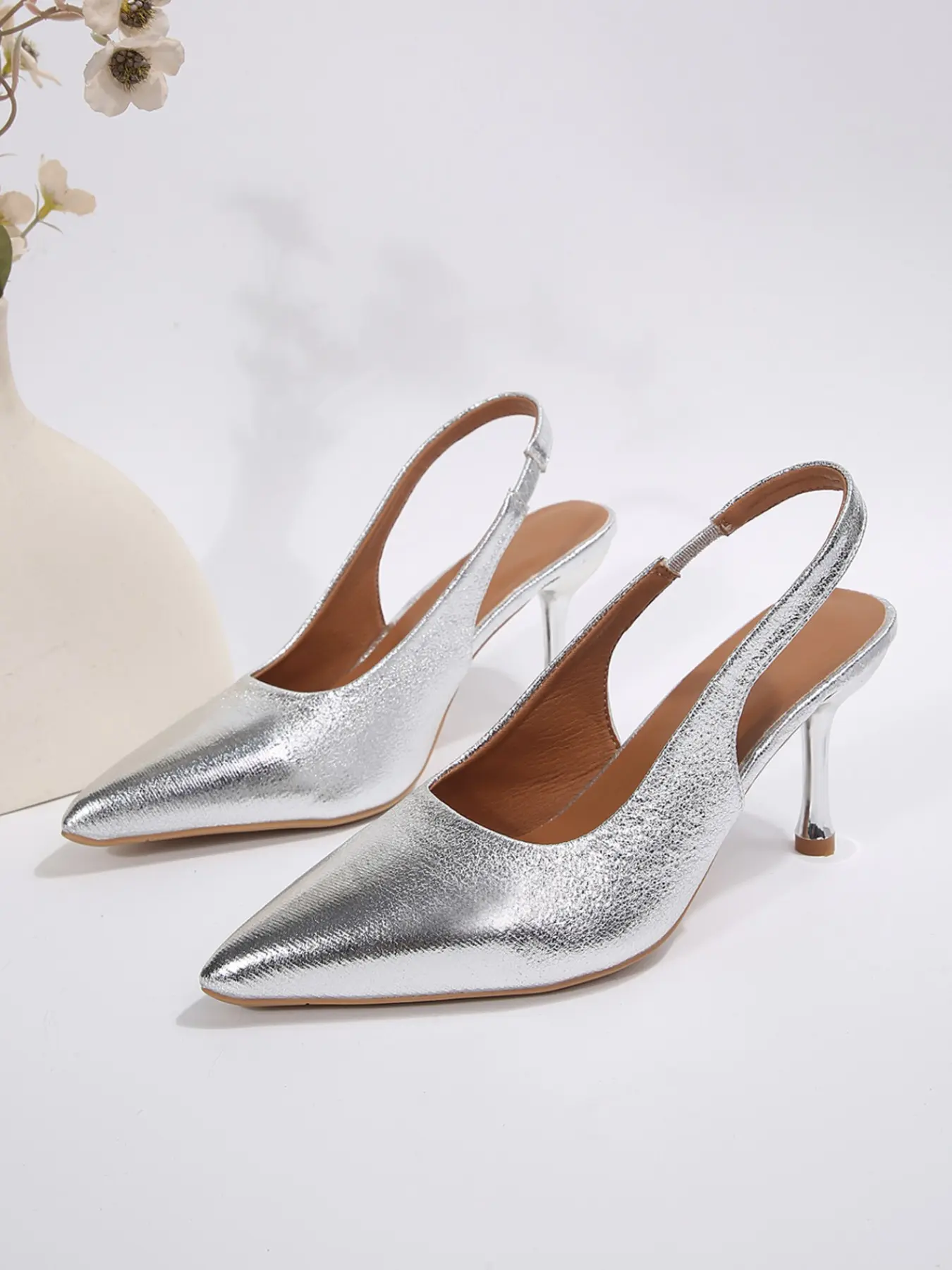 Women's Crackle Metallic Faux Leather Pointed Toe Elastic Slingback Thin Metal Stiletto Heel Pumps Backless Slip On Non Slip Cloud Cushioned Arch Support All Night Walking Quiet Luxury Office Date Night Wedding Party Formal Footwear Black Gold Silver Thre
