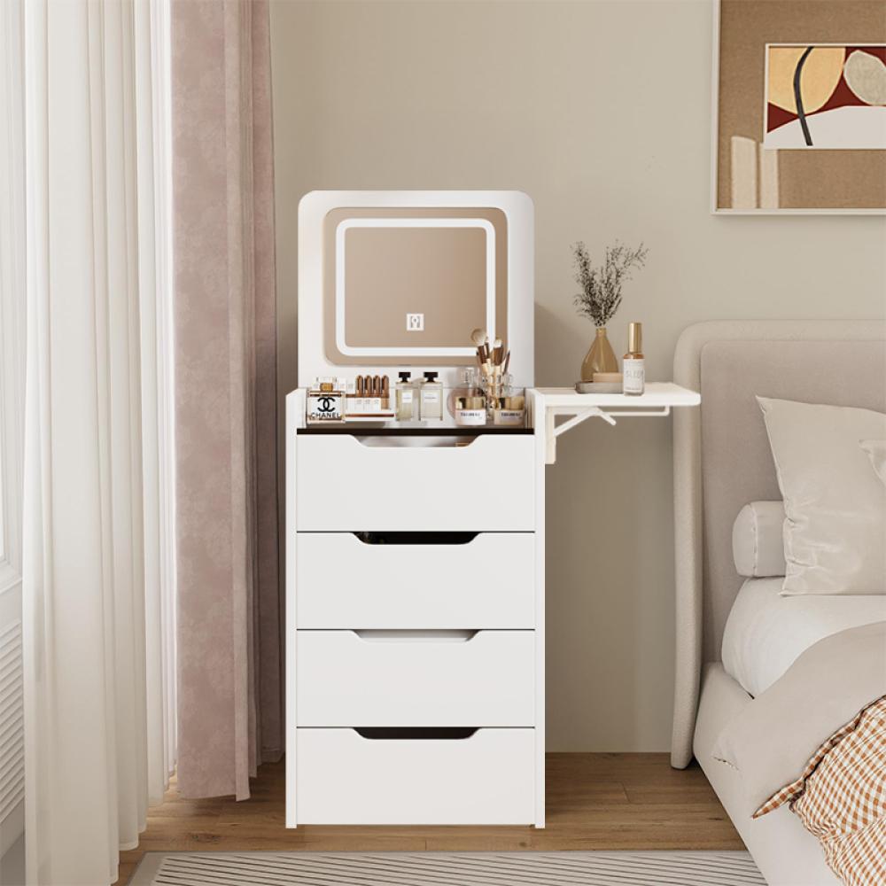 3 in 1 Vanity Desk with Plip Top Mirror, Small Make Up Vanity Set with Visible Glass Desktop, Compact Makeup Vanity with 3 Drawers, Cushioned Tool, Dressing Table for Bedroom 3 in 1 Vanity Desk with Plip Top Mirror, Small Make Up Vanity Set with Visible Glass Desktop, Compact Makeup Vanity with 3 Drawers, Cushioned Tool, Dressing Table for Bedroom