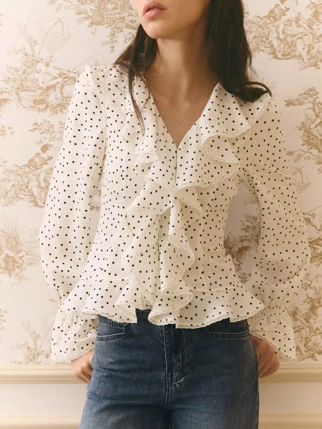 Women's Shirt Top with Soft Black Polka Dot Print, Flowing Ruffles, Flared Sleeves, V-Neck Panel, Gathered Waist Design, Long Sleeve Blouse - Short Style for Commuting, Tea Breaks, Outings, and Versatile Dates, Chic Elegant