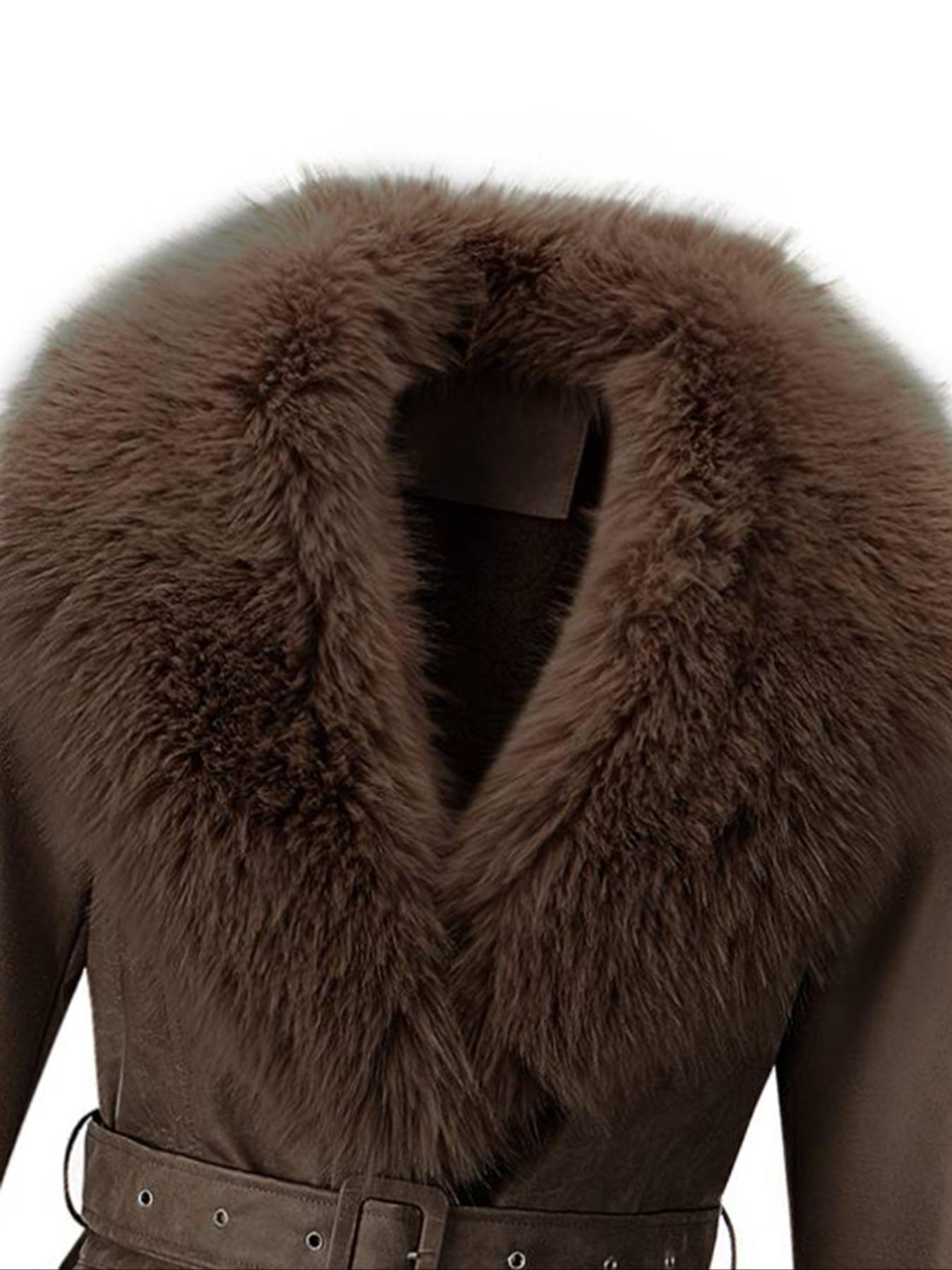 Women's Fall Winter Long Faux Fur Coat, Vintage Style Casual Cotton Woven Jacket with Large Collar and Belt, Elegant Plain Design