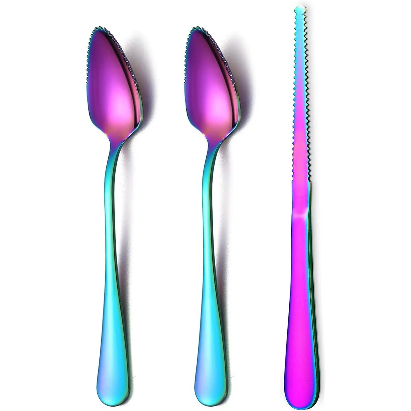 Rainbow Grapefruit Spoons 3 Pieces Set, 2 Stainless Steel Grapefruit Spoon And 1 Grapefruit knife With Titanium Plating, Grapefruit Utensil Set, Serrated Edges Spoon pack of 3 (Rainbow)