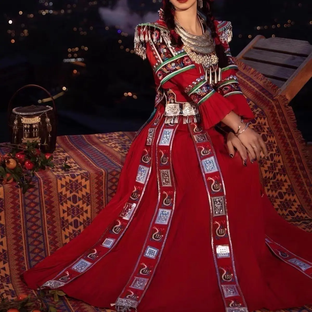 Hmong Miao Women's Red Top & Skirt Styling Set for Photo Shoots