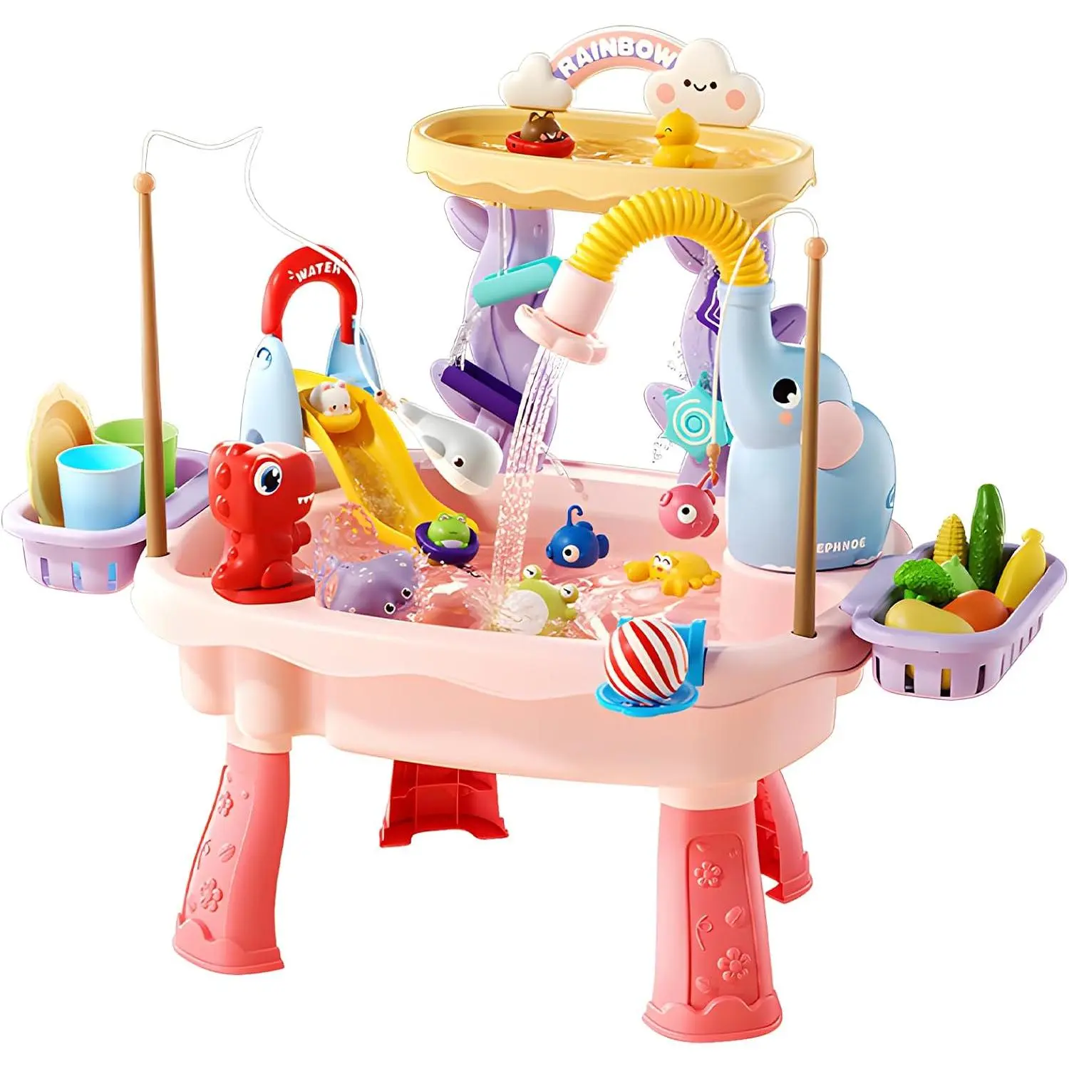 Upgraded 4-in-1 Water Table for Toddlers 2-3 - Kids Sensory Play Table with Electric Pump & Faucet, Kitchen Sink Toy with Food Accessories, Fishing Game, Pink