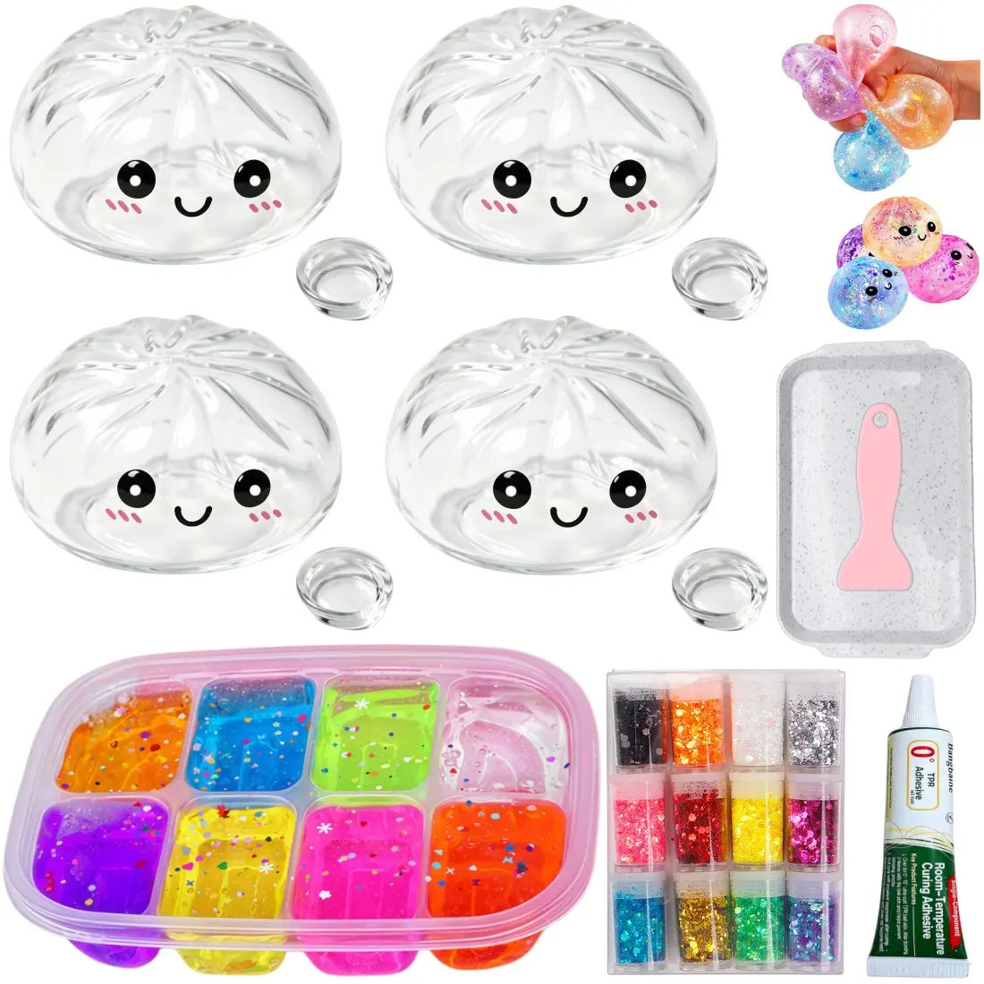 DIY Stress Ball Kit, Decompression squishy maker, includes 8 colors of slime, 4 blank skin shapes in the shape of dumplings, 12 colors of glitter powder, mixing tool, suitable for making stress-relieving soft balls