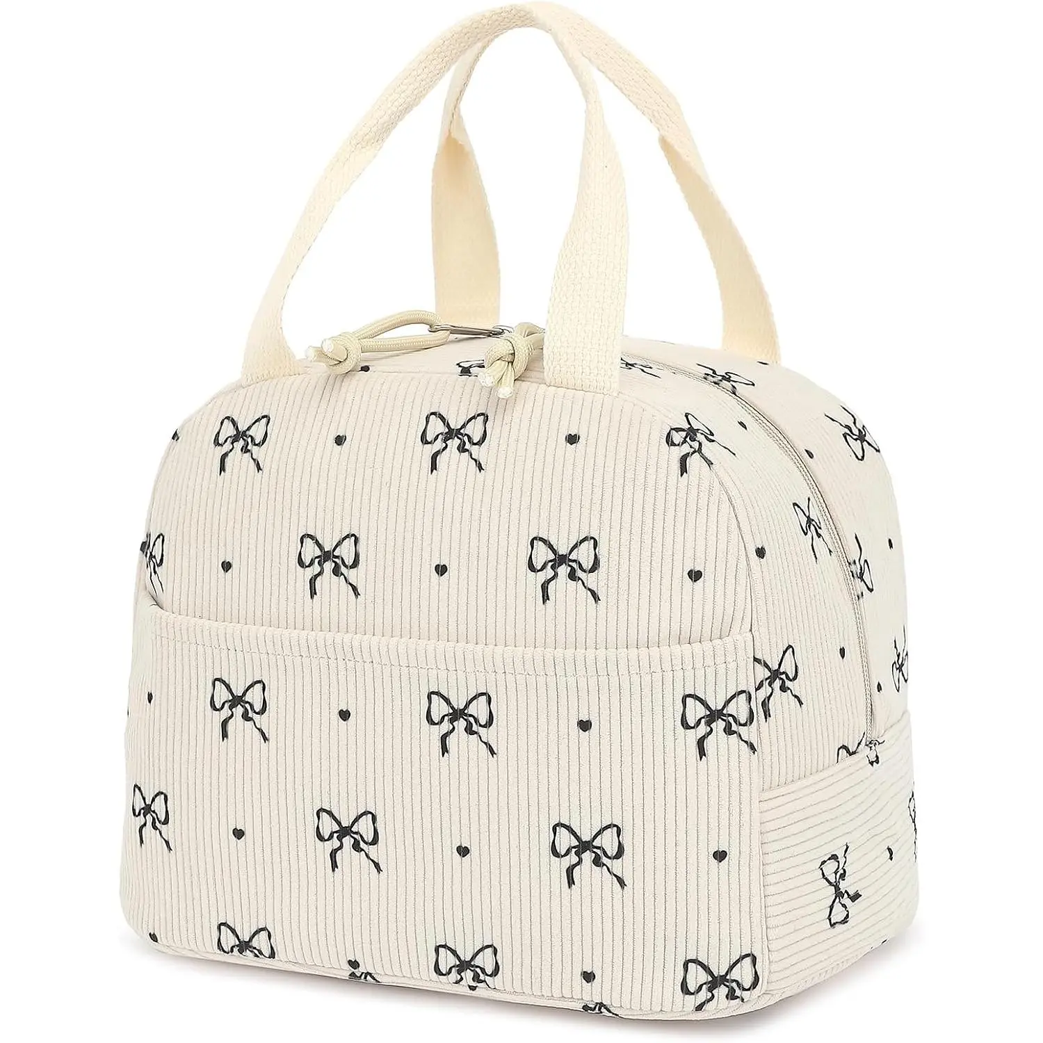 Corduroy Lunch Box for Women Girls, Cooler Lunch Bags  Insulated Lunchbox for Picnic School Work Travel (Bow Tie)