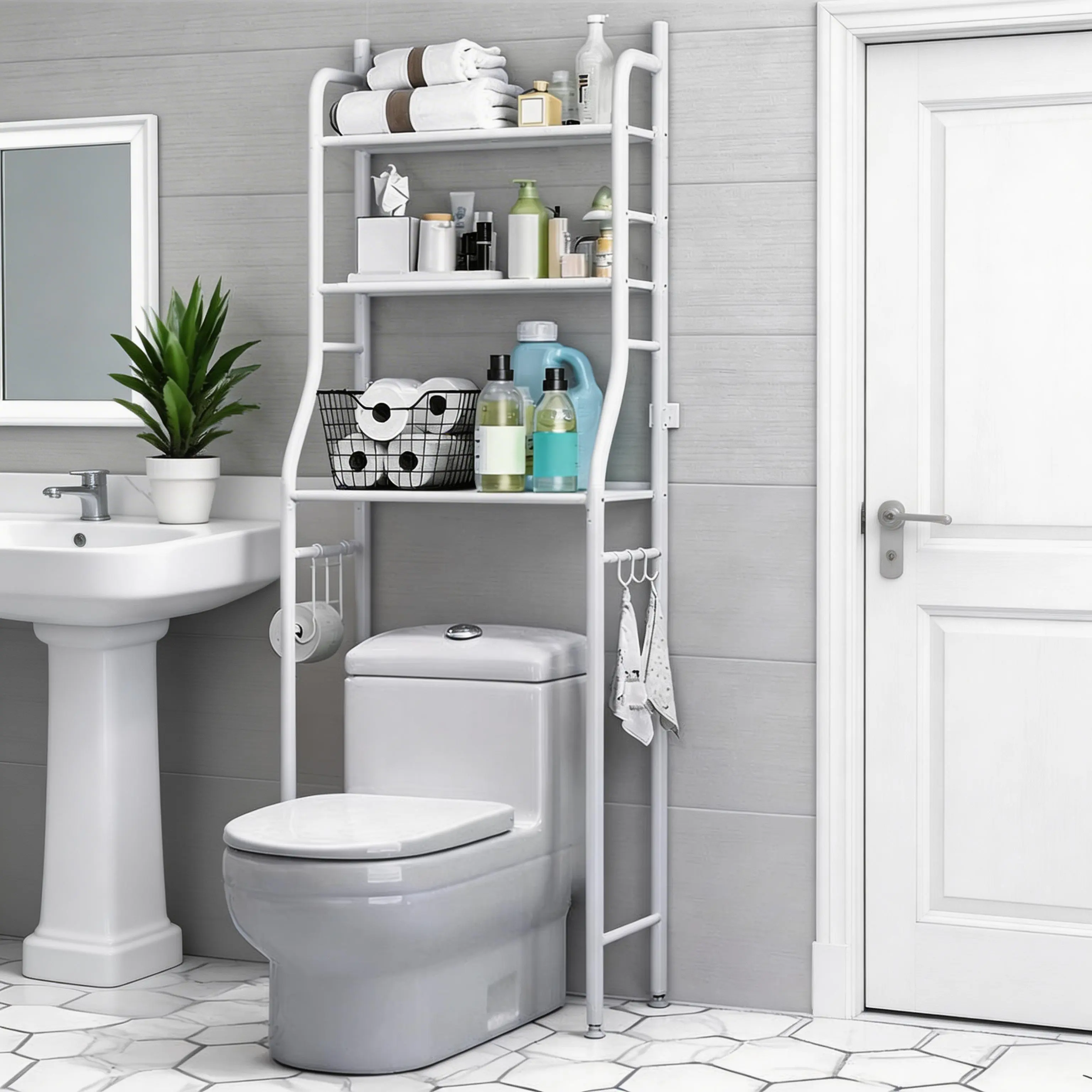 Garvee Over-the-Toilet Storage Shelf, 3-Tier Freestanding Bathroom Space Saver Organizer Rack - Removable Towel Hooks - Toilet Paper Holder, White