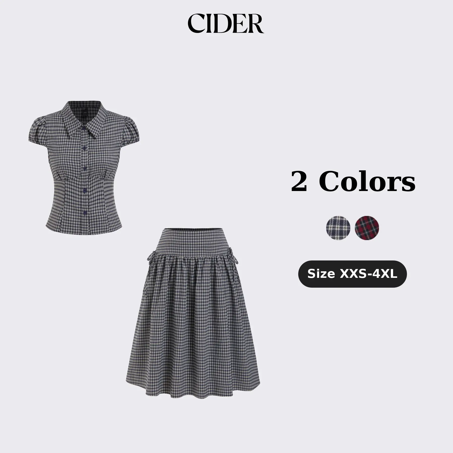 Cider Gingham Top & Low Rise Drawstring Ruched Midi Skirt Set SohoChic