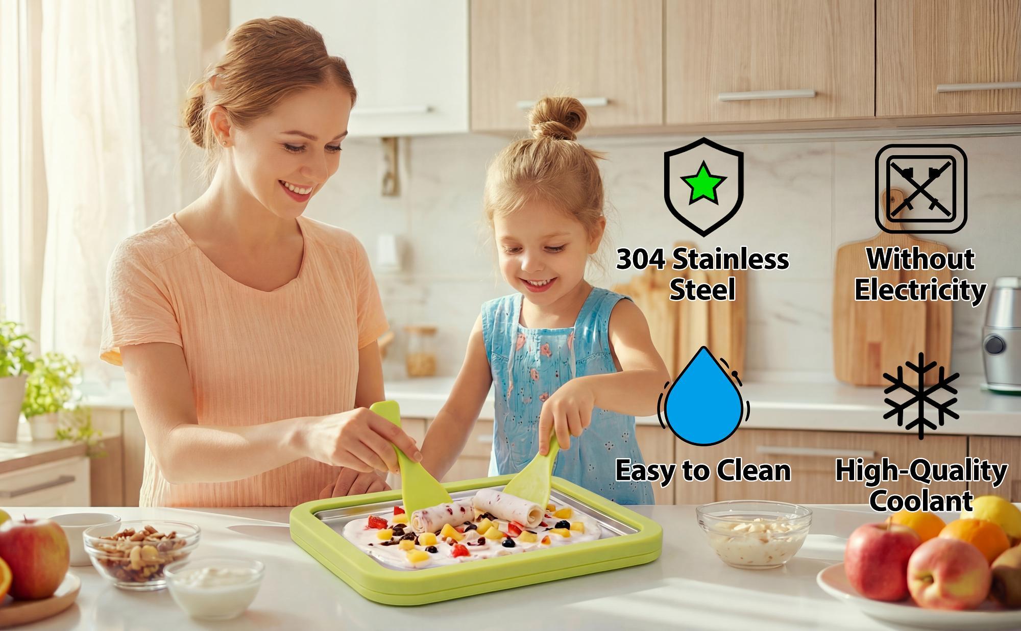 Instant Rolled Ice Cream Maker Kit – 2026 Stainless Steel Freezing Plate with 2 Spatulas, No Power Required – DIY Tray for Homemade Rolled Ice Cream, Perfect for Family Fun