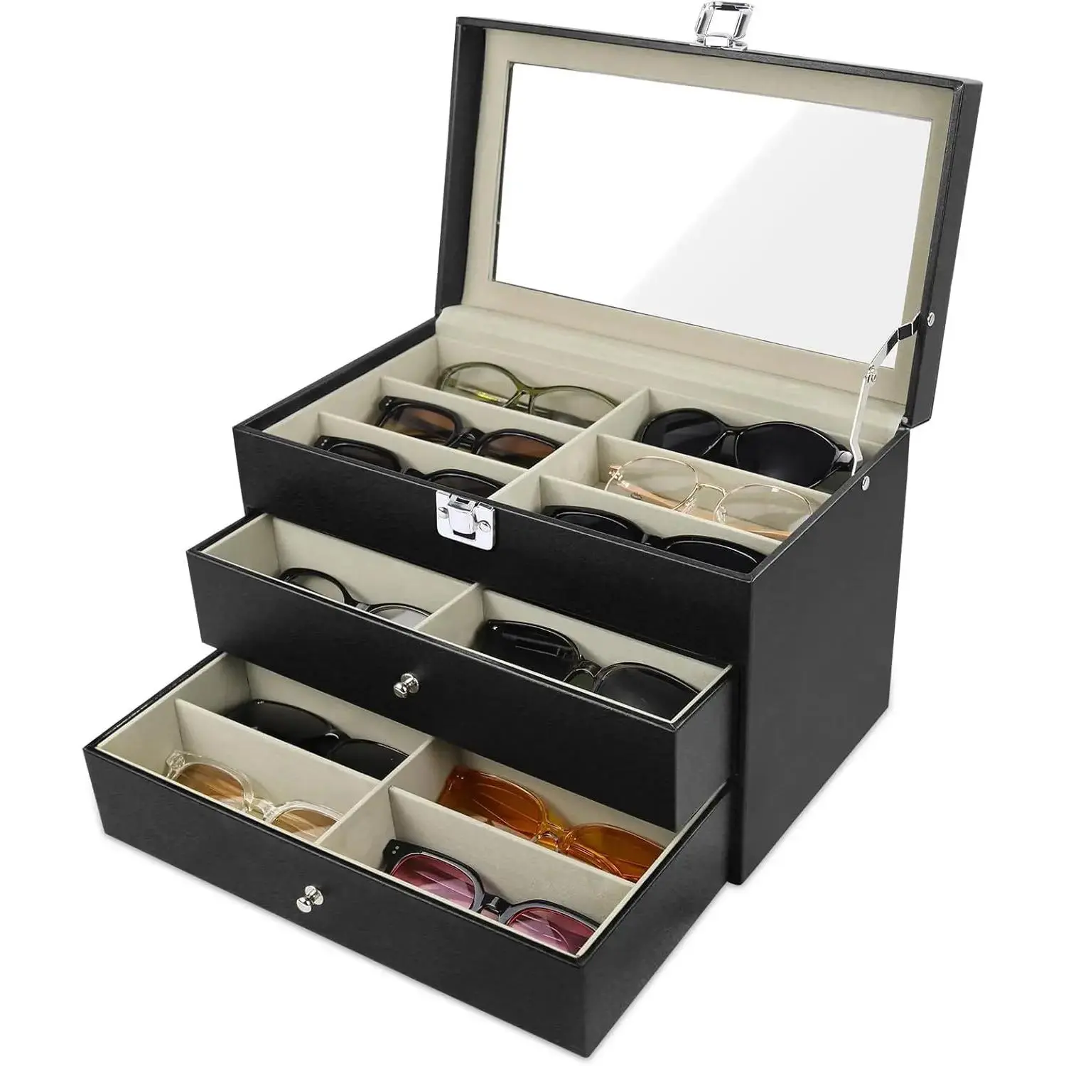 18-Slot Compartmental Glasses Organizer - Durable Modern Synthetic Leather Rectangle Multi-Slot Storage Box for Home Supplies, Men & Women