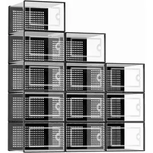 X-Large Shoe Storage Boxes Organizers Clear Plastic Stackable 12 Pack, Shoe Rack & Holder Substitute, Sneaker Containers, Toy Storage Organizer Bins for Entryway, Closet, Under Bed, Black