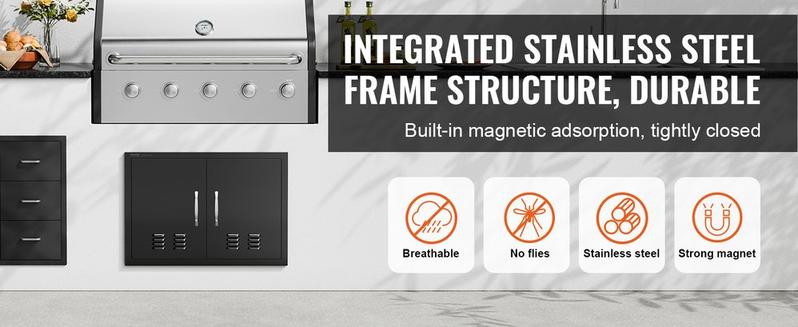 BBQ Access Door, 30W x 21H Inch Double Outdoor Kitchen Door, Cold Plate Flush Mount Door, Wall Vertical Door with Handles and Ventss, for BBQ Island, Grilling Station, Outside Cabinet