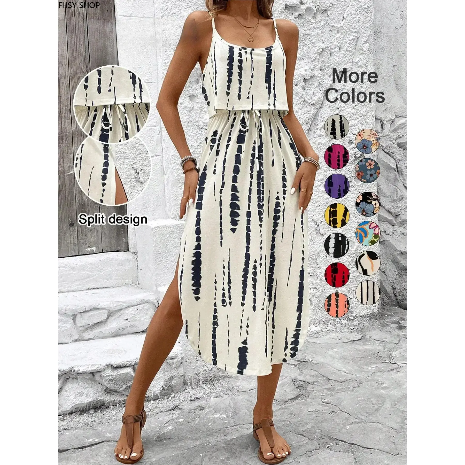 Women's Sleeveless Colorful Tie-Dye Floral Print Casual Maxi Dress with Flattering Thigh Split, Vacation Resort Wear, Colorful Tie-Dye Print Casual Dresses