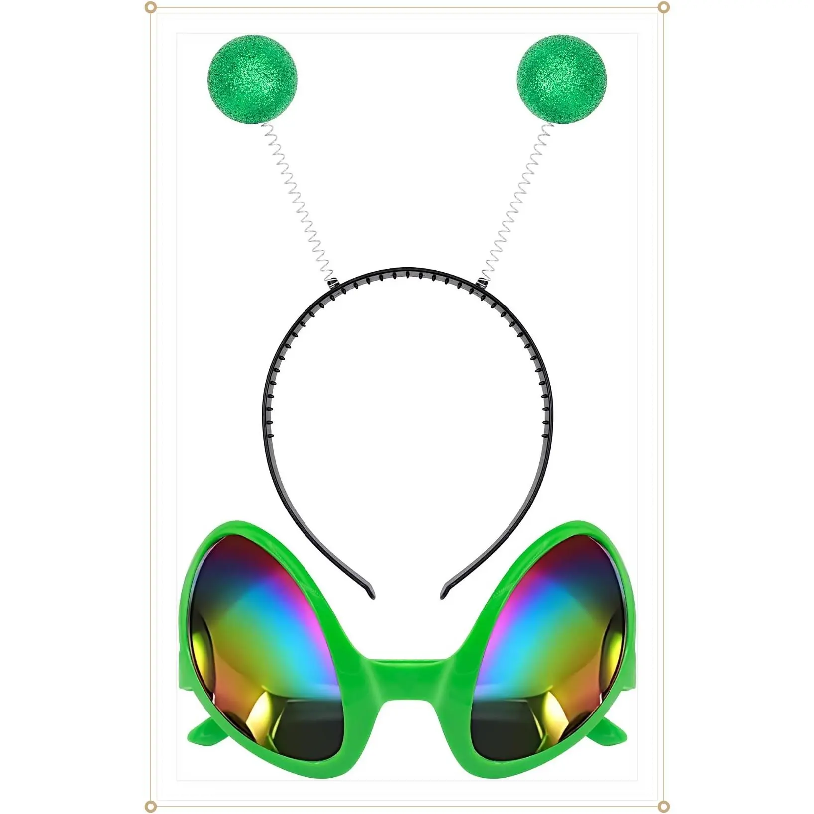 Green Alien Headband & Glasses – Adult Martian Antenna Costume Accessories – Space Cosplay Party SetGift