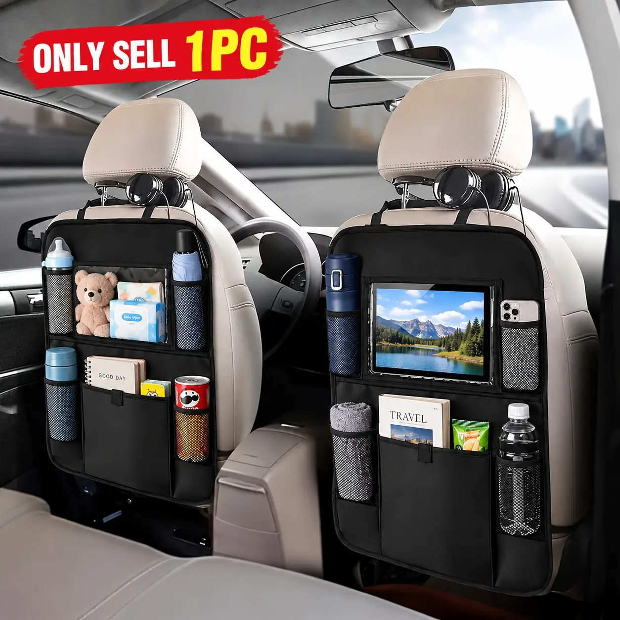 Upgraded Car Backseat Organizer, 600D Polyester Waterproof Car Seat Storage with Touch Screen Tablet Holder & 10+ Pockets, Universal Fit for Kids Toys Snacks Drinks, Essential Road Trip Travel Accessories