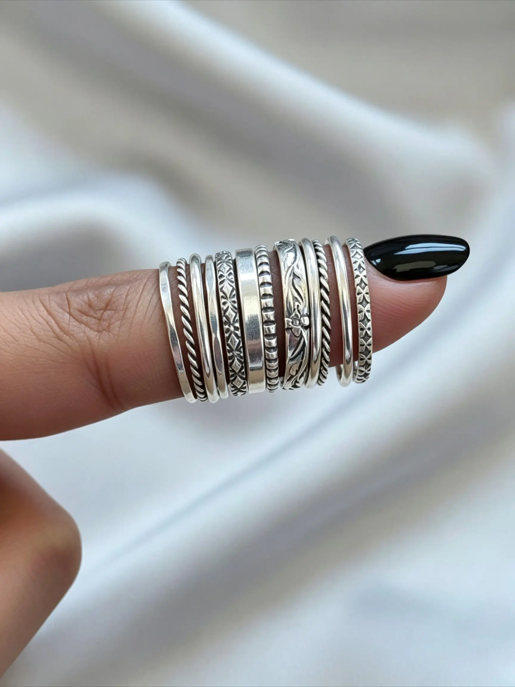 Vintage-Style Distressed Silver Stackable Thin Ring Set (12-Piece) — Multi-Textured Bohemian-Style Engraved Solid Band Combinations: Versatile Accessories for Women Fashion Rings, Perfect for Vacations, Commuting, and Everyday Style