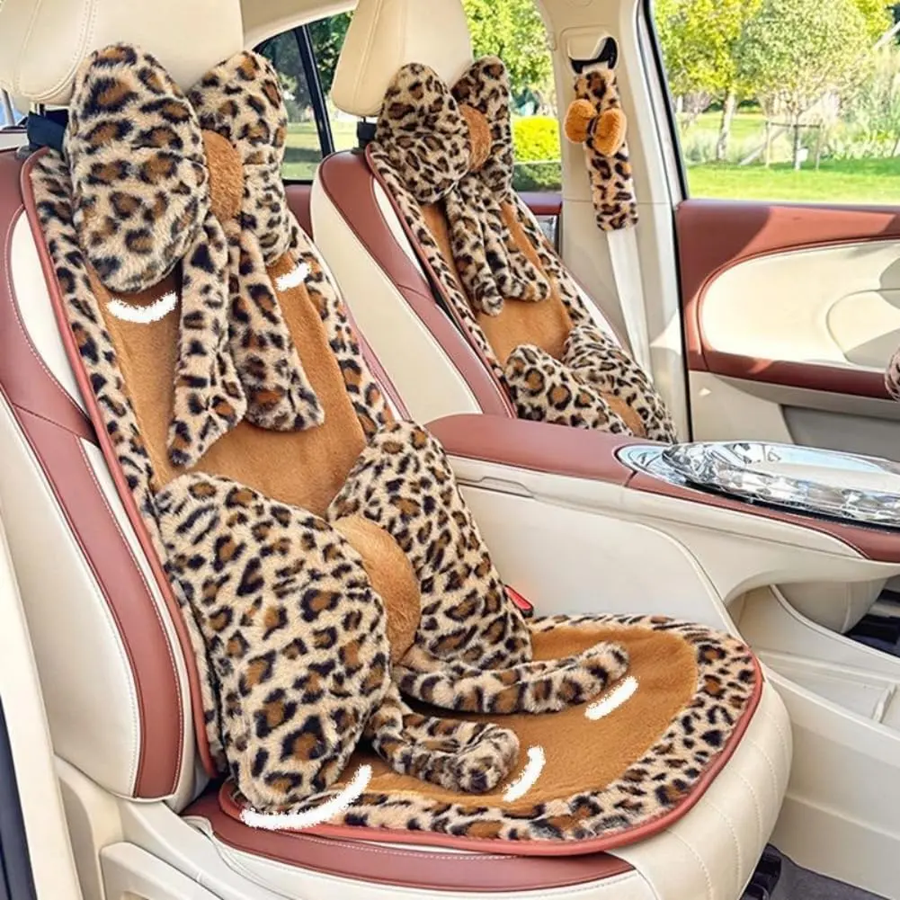 4 Pack Plush Leopard Print Car Headrest Pillow and Lumbar Support Pillow Soft Bow Car Neck Pillows Driving Cars Home Decor (Brown Leopard)