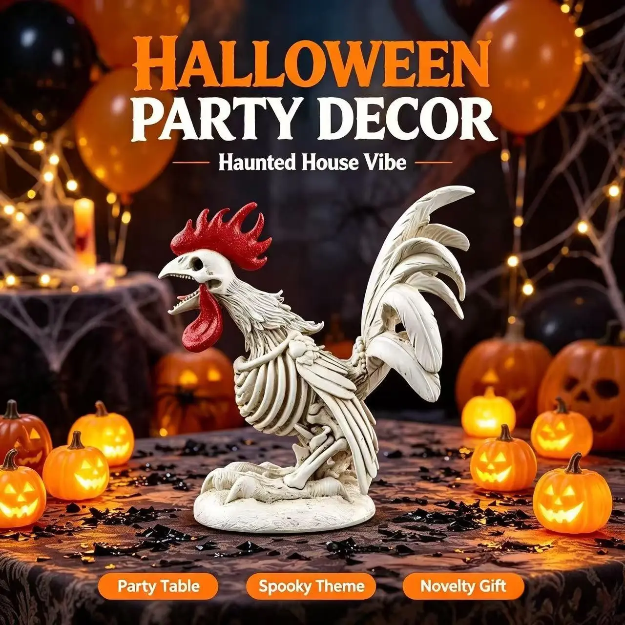 Gothic Skeleton Rooster Resin Figurine, Spooky Bone Chicken Statue, Creepy Halloween Ornament, Unique Home Decoration, Horror Party Gift