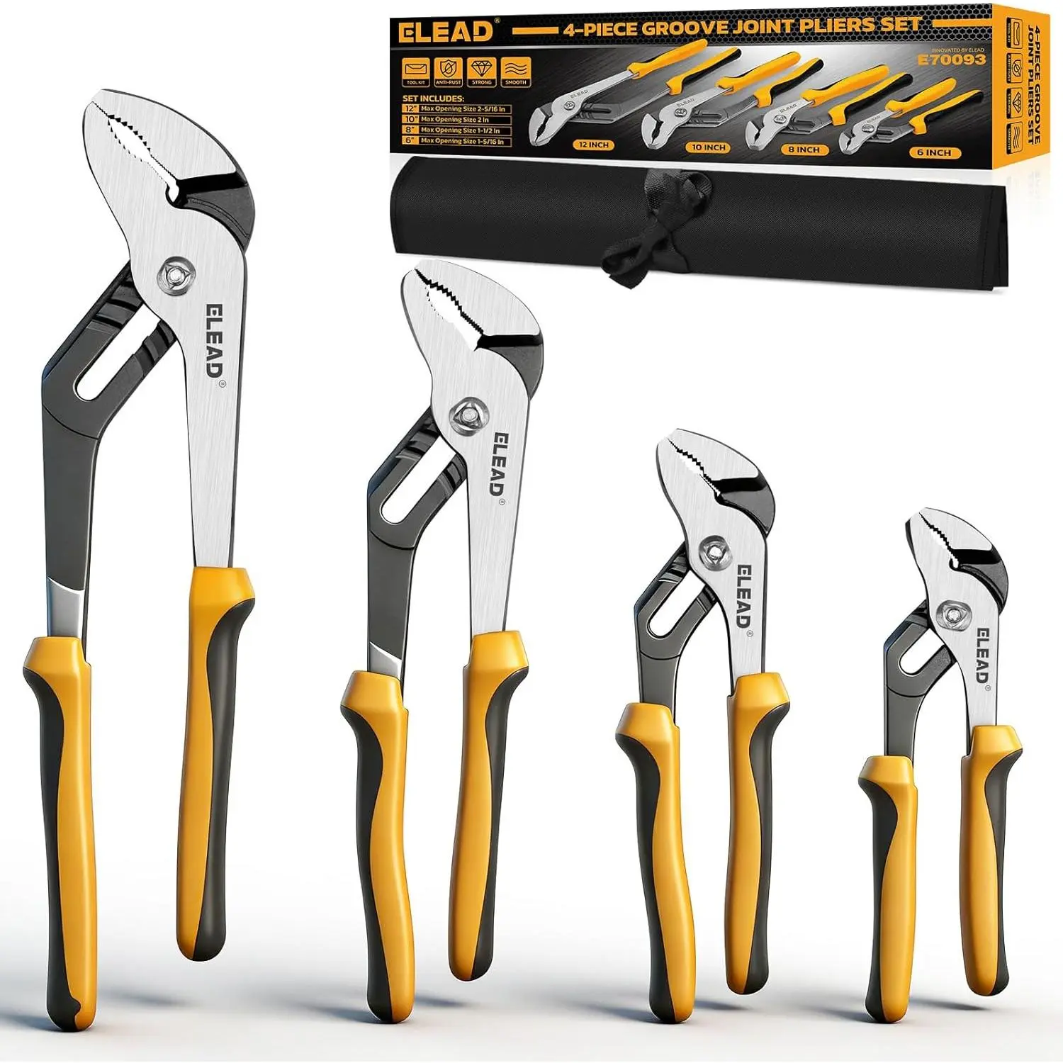 4-Piece Joint Pliers Set, 12/10/8/6 Inch Pump Pliers with Tool Roll Bag, Tongue and for Home Repair, Gripping, Nuts,, Pipe & Fittings