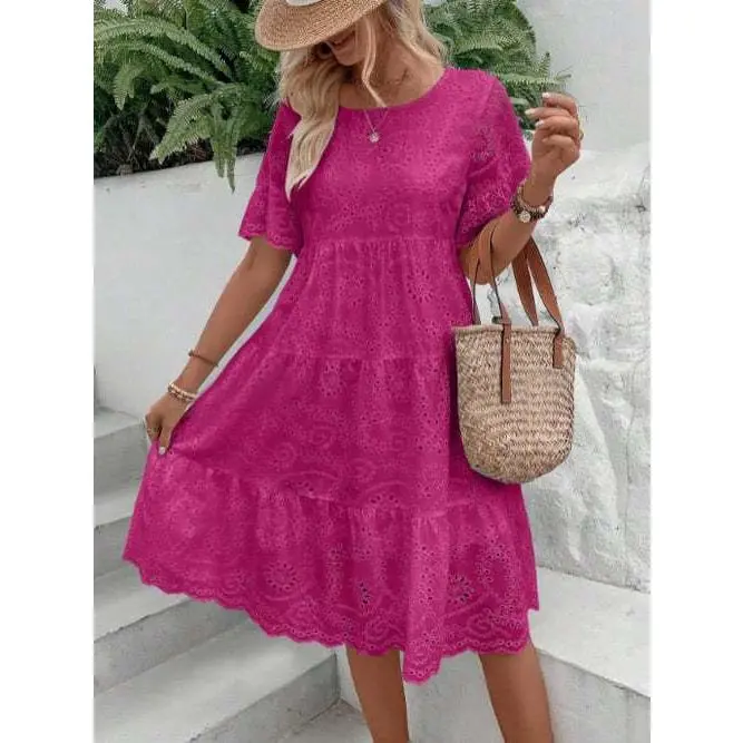 European and American fashion new hot-selling solid color pure cotton cloth embroidered lace hollow dress