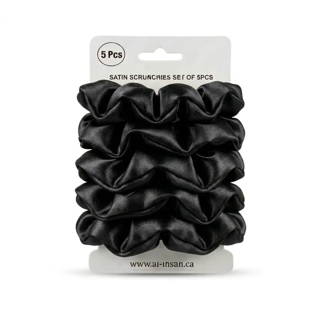 Satin Scrunchies for Women - No Crease, Frizz-Free, 5 count Black Hair Ties - Soft & Stylish Ponytail Holders Hair Bands -  Hair Accessories for Sleep Time