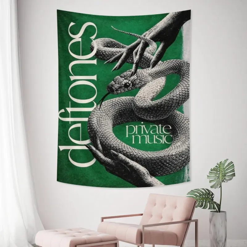 Deones band Private Music Album Decorative Tapestry Room Decor - Retro Sketch Human Hands Holdg Coiled Snake Art Prt On Deep Green Background Poster Wall Hangg, Alternative Metal Theme Fabric Banner